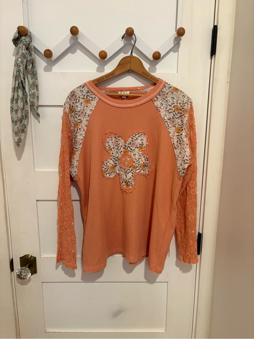 POL Peach Waffle-Knit Crewneck Top